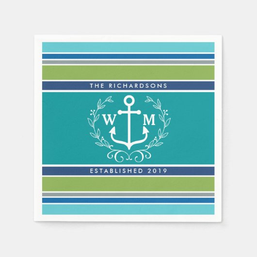 Monogram Anchor Laurel Wreath Stripes Nautical Servetten (Voorkant)