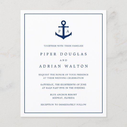 Monogram Anchor Nautical Budget Wedding Uitnodigin Flyer (Voorkant)