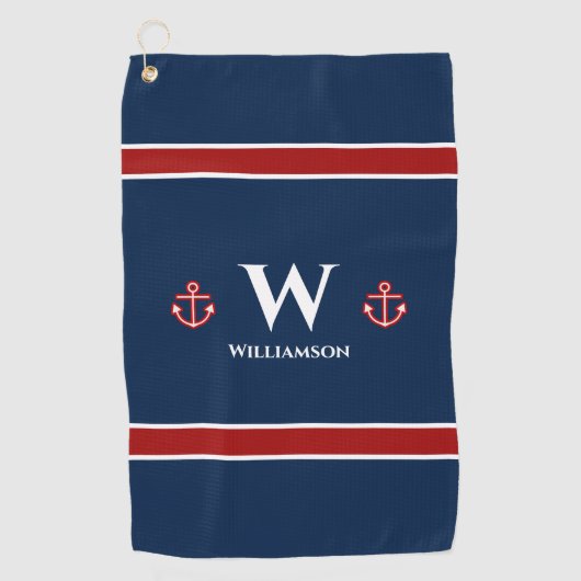Monogram Anchor Nautical Red Blue Stripes Golfhanddoek (Voorkant)