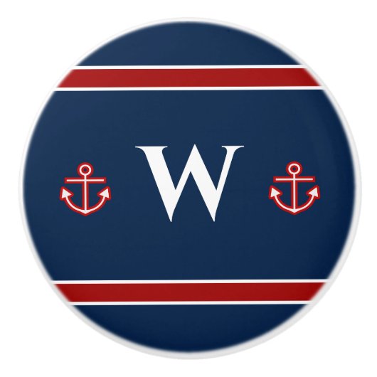 Monogram Anchor Nautical Red Blue Stripes Keramische Knop (Voorkant)