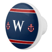 Monogram Anchor Nautical Red Blue Stripes Keramische Knop (Rechts)