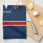 Monogram Anchor Nautical Red Blue Stripes Theedoek (Quarter Fold)