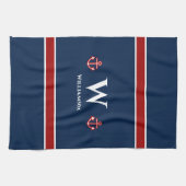 Monogram Anchor Nautical Red Blue Stripes Theedoek (Horizontaal)
