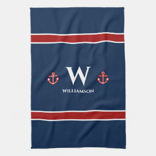 Monogram Anchor Nautical Red Blue Stripes Theedoek