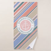 Monogram Anchor Nautical Wedding Blush Pink Stripe Badhanddoek (Badhanddoek)