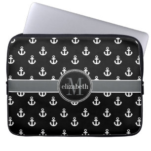 Monogram anker voor zwarte en witte schepen laptop sleeve