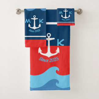 Monogram Ankergolven Boat Red White Blue Nautical Bad Handdoek