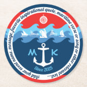Monogram Ankergolven Boat Red White Blue Nautical Ronde Kartonnen Onderzetter (Voorkant)