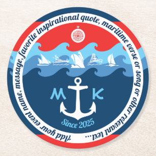 Monogram Ankergolven Boat Red White Blue Nautical Ronde Kartonnen Onderzetter