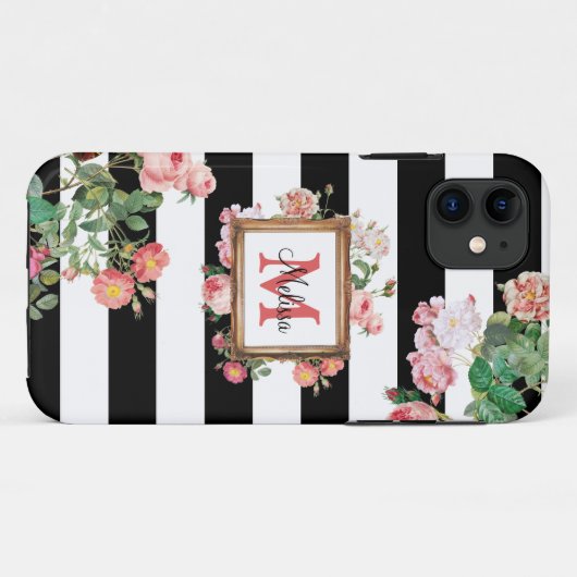 Monogram Antiek  Floral & Stripes Case-Mate iPhone Case (Achterkant (horizontaal))