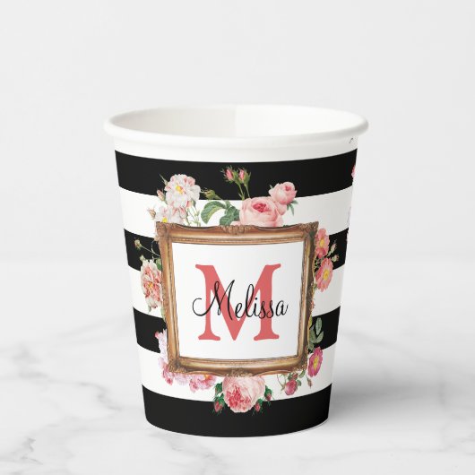 Monogram Antiek  Floral & Stripes Papieren Bekers (Links)