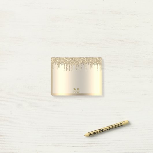Monogram Antiek Goud Dripping Glitter Metallic Post-it® Notes (Op bureau)