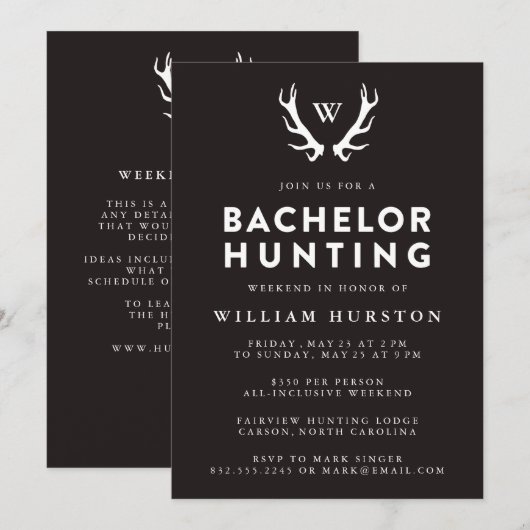 Monogram Antlers Hunting Bachelor Party Invitation Kaart (Voorkant / Achterkant)