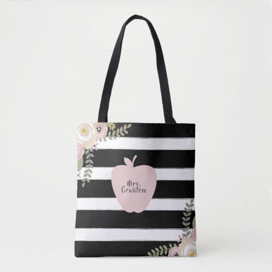 Monogram Apple Name Dusty Floral Black & White Draagtas (Voorkant)