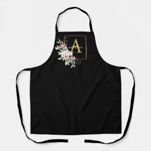 Monogram Apron Black en Gold Peony Floral Schort