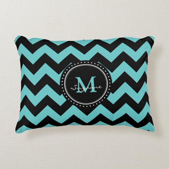 Monogram Aqua Black Abstracte Chevron Decoratief Kussen (Voorkant)