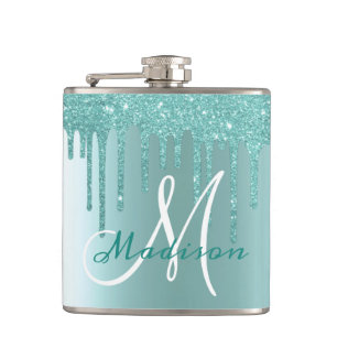 Monogram Aqua Blauwe Glittersluier Meisjesachtig Heupfles