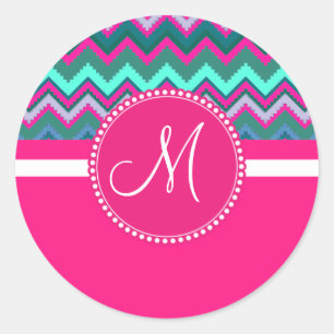 Monogram Aqua Blauwgroen Blauw Roze Tribal Chevron Ronde Sticker
