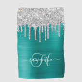 Monogram Aqua Blauwgroen Zilver Dripping Glitter Golfhanddoek (Voorkant)