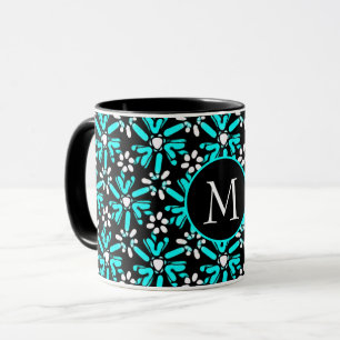 Monogram Aqua Blue & Black Batik Flower Pattern Mok