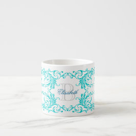Monogram Aqua Blue Damask Espresso Kop