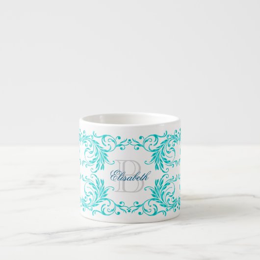 Monogram Aqua Blue Damask Espresso Kop (Voorkant)