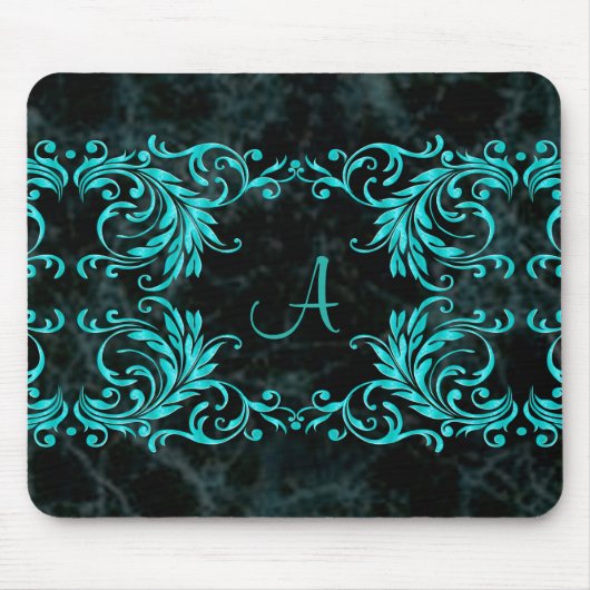 Monogram Aqua Blue Damask Muismat (Voorkant)