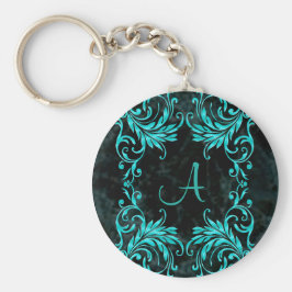 Monogram Aqua Blue Damask Sleutelhanger