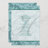 Monogram Aqua Blue Damask Wedding Invitation Kaart (Voorkant / Achterkant)