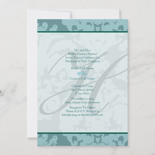 Monogram Aqua Blue Damask Wedding Invitation Kaart (Voorkant)