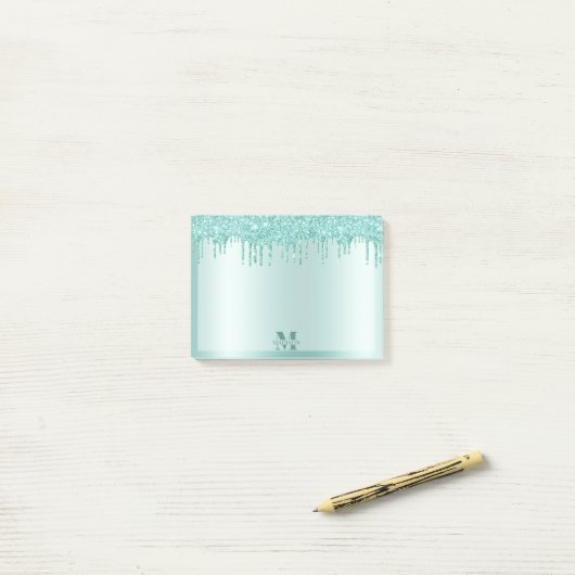 Monogram Aqua Blue Dripping Glitter Metallic Post-it® Notes (Op bureau)