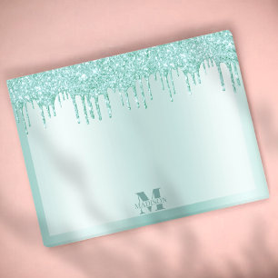 Monogram Aqua Blue Dripping Glitter Metallic Post-it® Notes