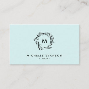 Monogram Aqua Blue en Black Floral Wreath Visitekaartje