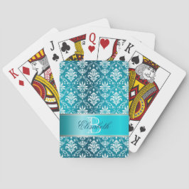 Monogram Aqua Blue en White Damask Pokerkaarten