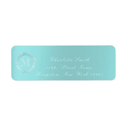 Monogram Aqua Blue Gray Silver Wreath Blush RSVP Etiket (Voorkant)