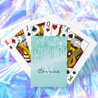 Monogram Aqua Blue Metallic Dripping Glitter Pokerkaarten