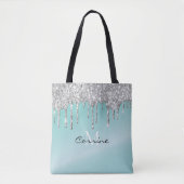 Monogram Aqua Blue + Silver Dripping Glitter Naam Draagtas (Voorkant)