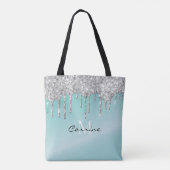 Monogram Aqua Blue + Silver Dripping Glitter Naam Draagtas (Achterkant)