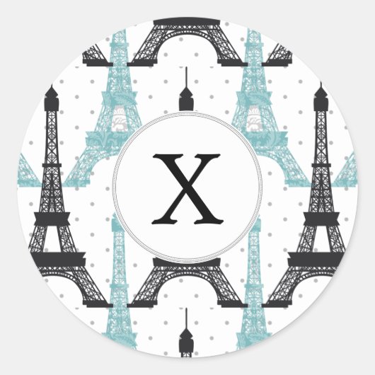Monogram Aqua Chic Eiffel Tower Patroon Ronde Sticker (Voorkant)
