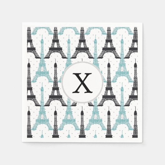 Monogram Aqua Chic Eiffel Tower Patroon Servetten (Voorkant)