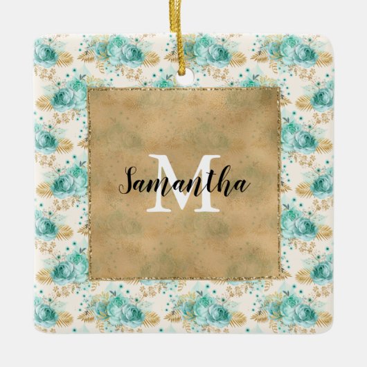 Monogram Aqua Cream Gold Floral Keramisch Ornament (Voorkant)