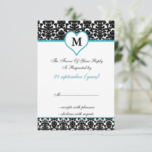 Monogram Aqua Damask Standaard 3.5 x 5 RSVP (Staand voorkant)