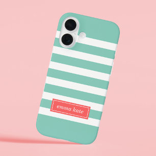Monogram Aqua en Coral Preppy Stripes iPhone 16 Hoesje