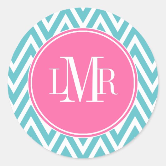 Monogram Aqua en Roze Chevrons Ronde Sticker (Voorkant)