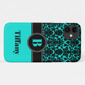 Monogram Aqua, Noir, Blanc Damask iPhone 11 Coque (Dos (Horizontal))