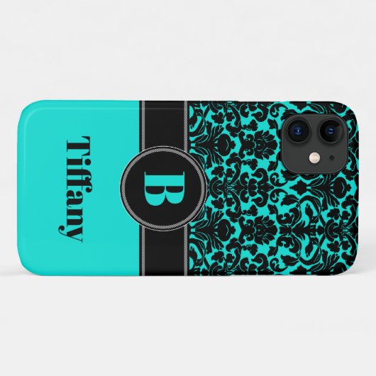 Monogram Aqua, Noir, Blanc Damask iPhone 11 Coque (Dos (Horizontal))