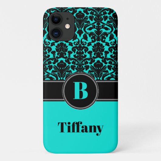 Monogram Aqua, zwart, White Damask iPhone 11 Hoesj Case-Mate iPhone Case (Achterkant)