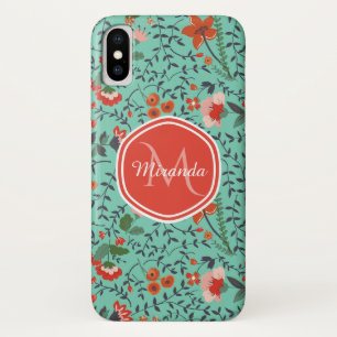 monogram Aquamarine Oranje en Red Floral iPhone X Hoesje