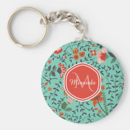 monogram Aquamarine Oranje en Red Floral Sleutelhanger