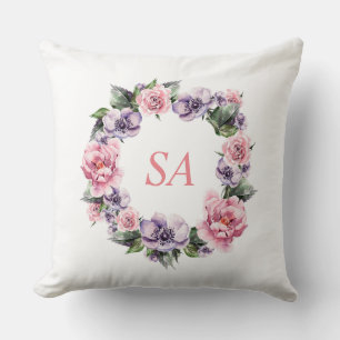Monogram Aquarel Roze Paarse Krans Bloemstuk Kussen